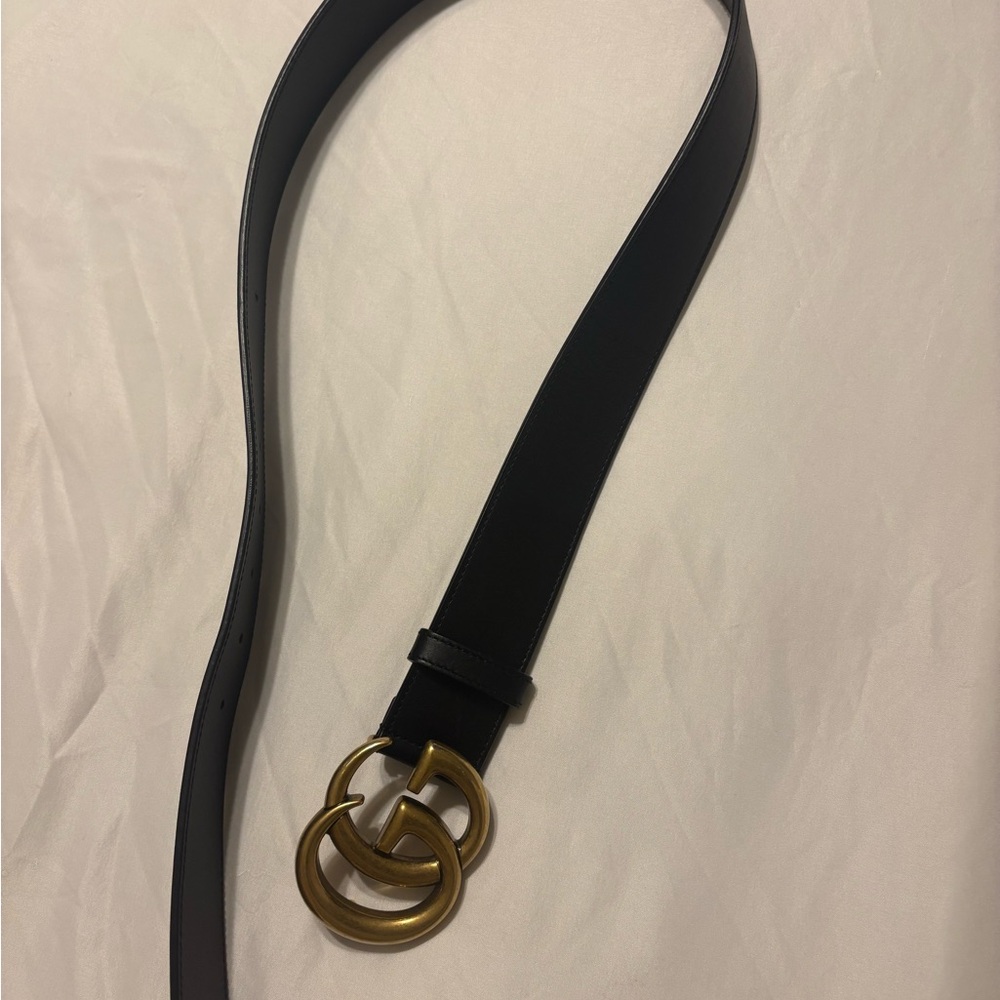 Gucci Black Leather Belt with Antique Gold Double G Buckle